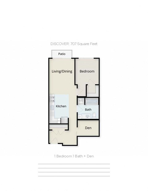 Floor plan for 1 bed, 1 bath, 718 sqft